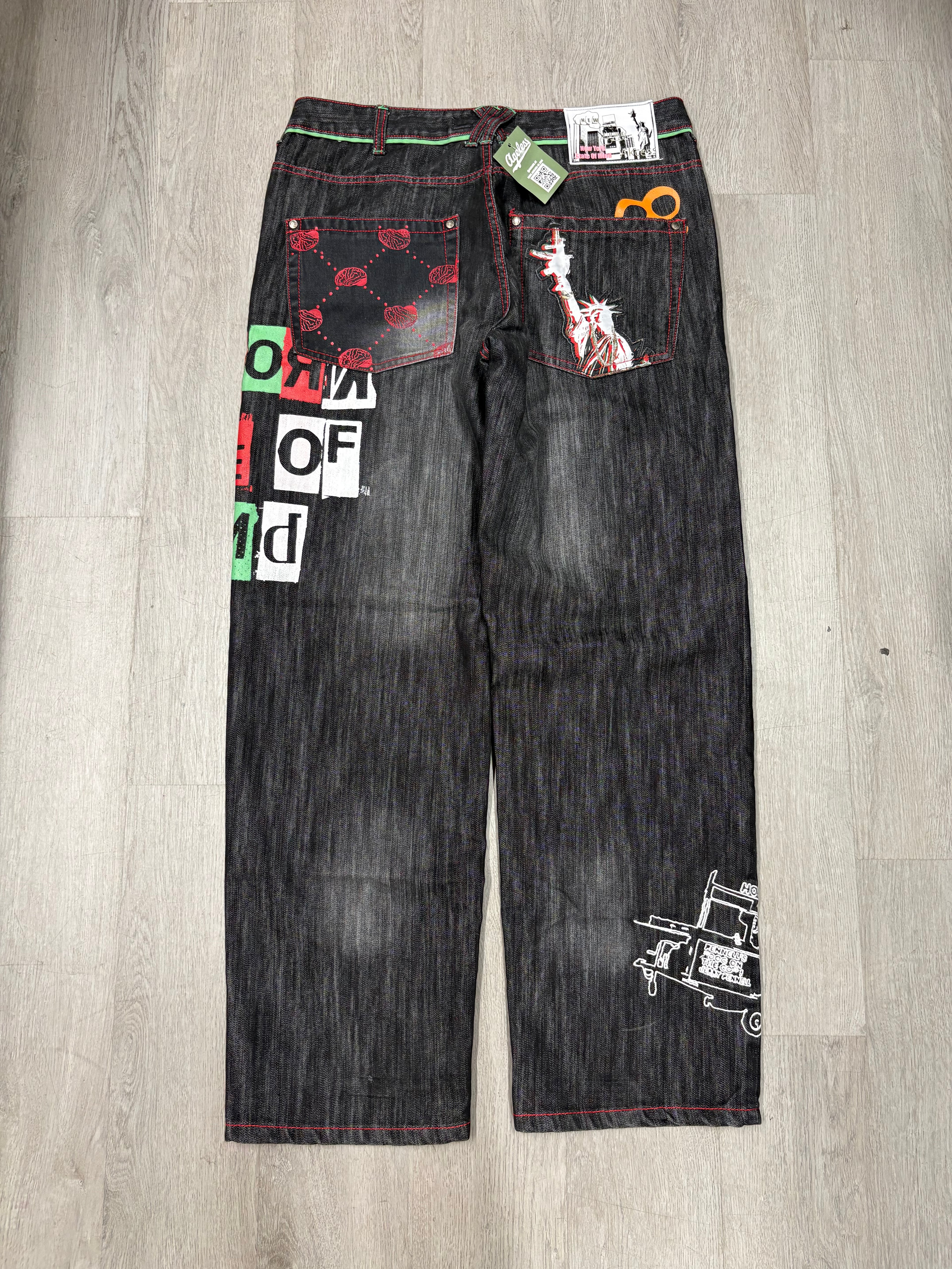 Y2K New York State Of Mind Wide Leg Faded Black Denim Jeans