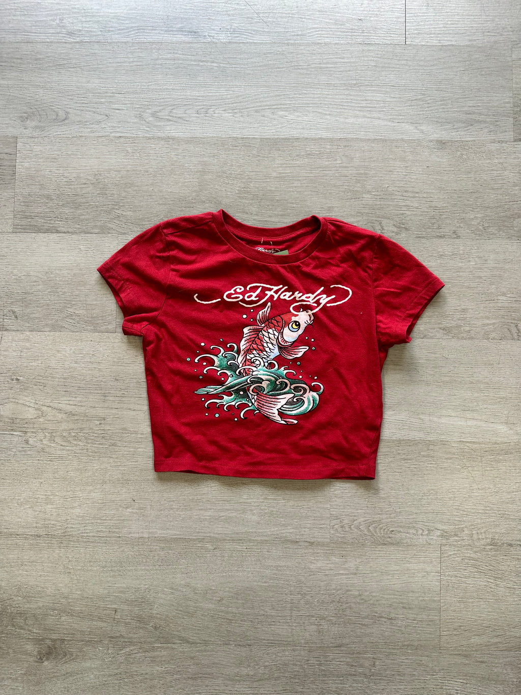 Women’s Red Ed Hardy Koi Fish Baby Cropped Tee