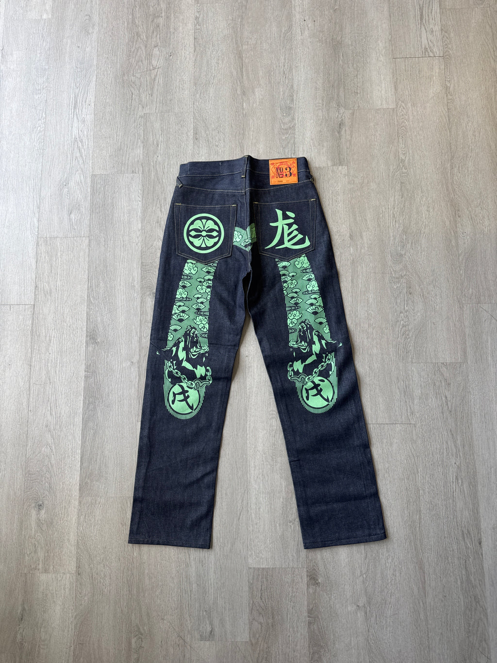Evisu Embroidered Japanese Green Dog Art Salvage Denim Jeans