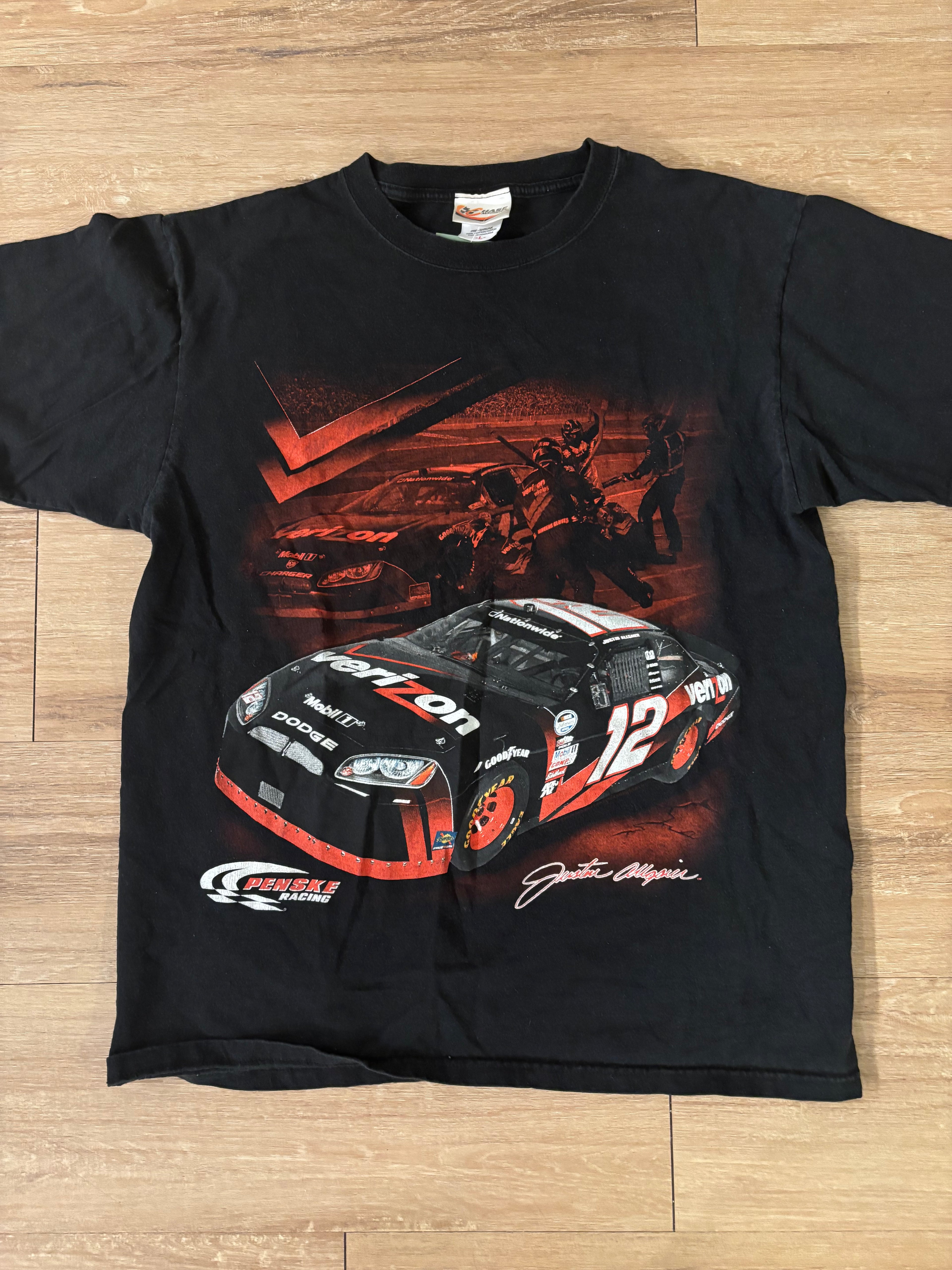 Vintage black NASCAR Justin Allgaier's #12 Verizon Dodge from Penske Racing Tee