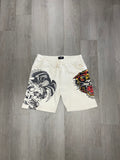 Ed Hardy Screaming Tiger Tattoo Print Ivory Fleece Sweat Shorts