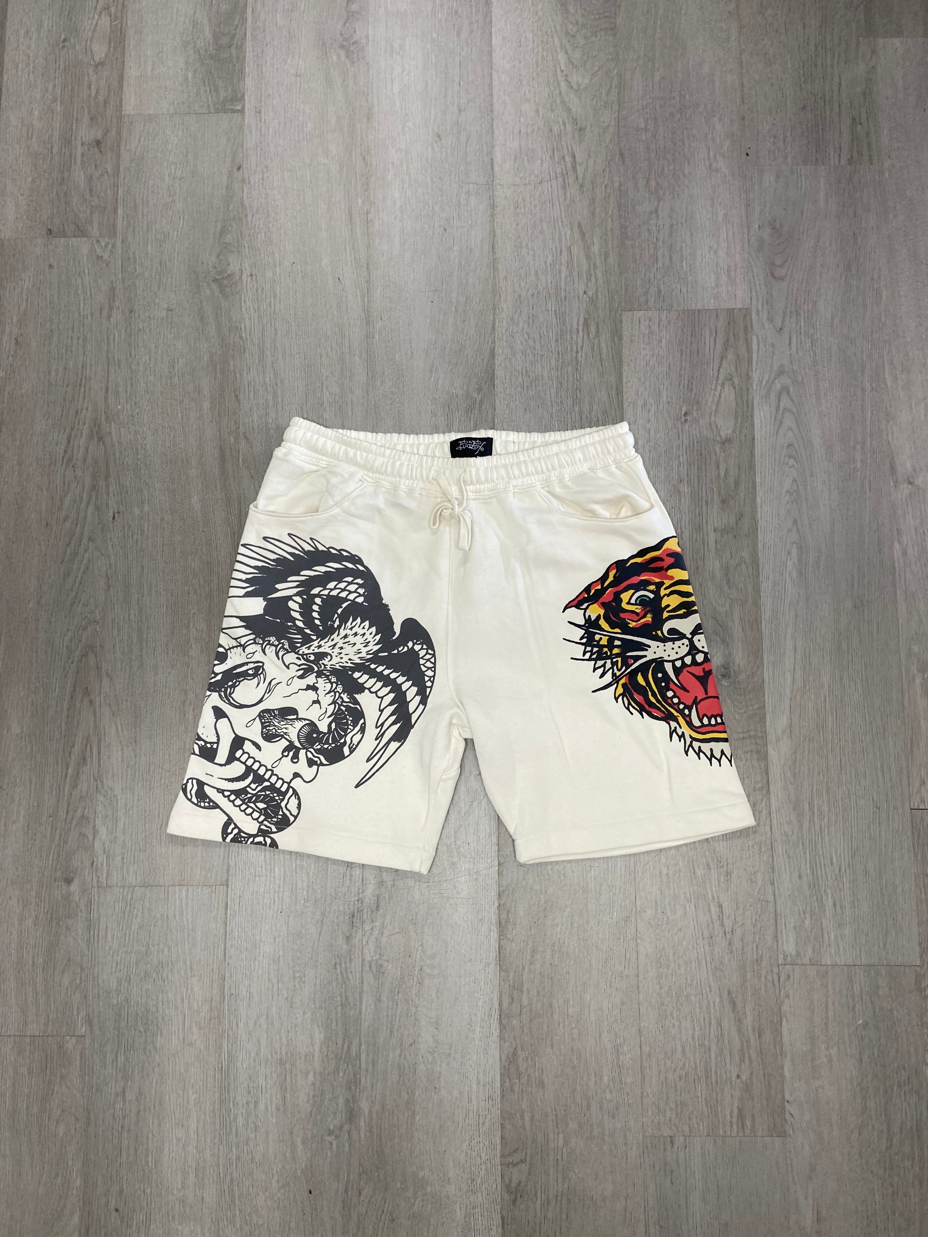 Ed Hardy Screaming Tiger Tattoo Print Ivory Fleece Sweat Shorts
