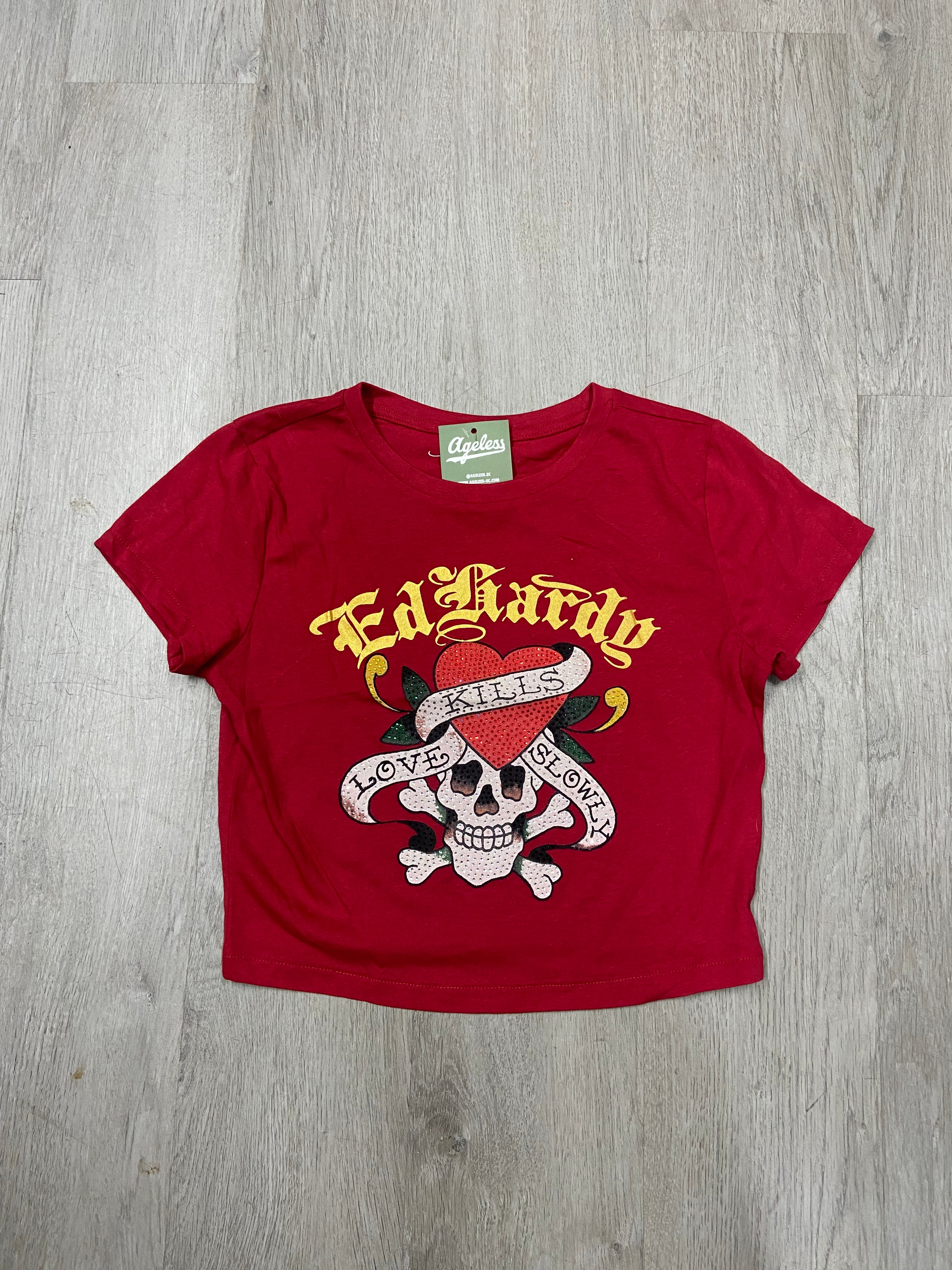 Women’s Ed Hardy Red Rhinestone Love Kills Slowly Cropped Baby Tee