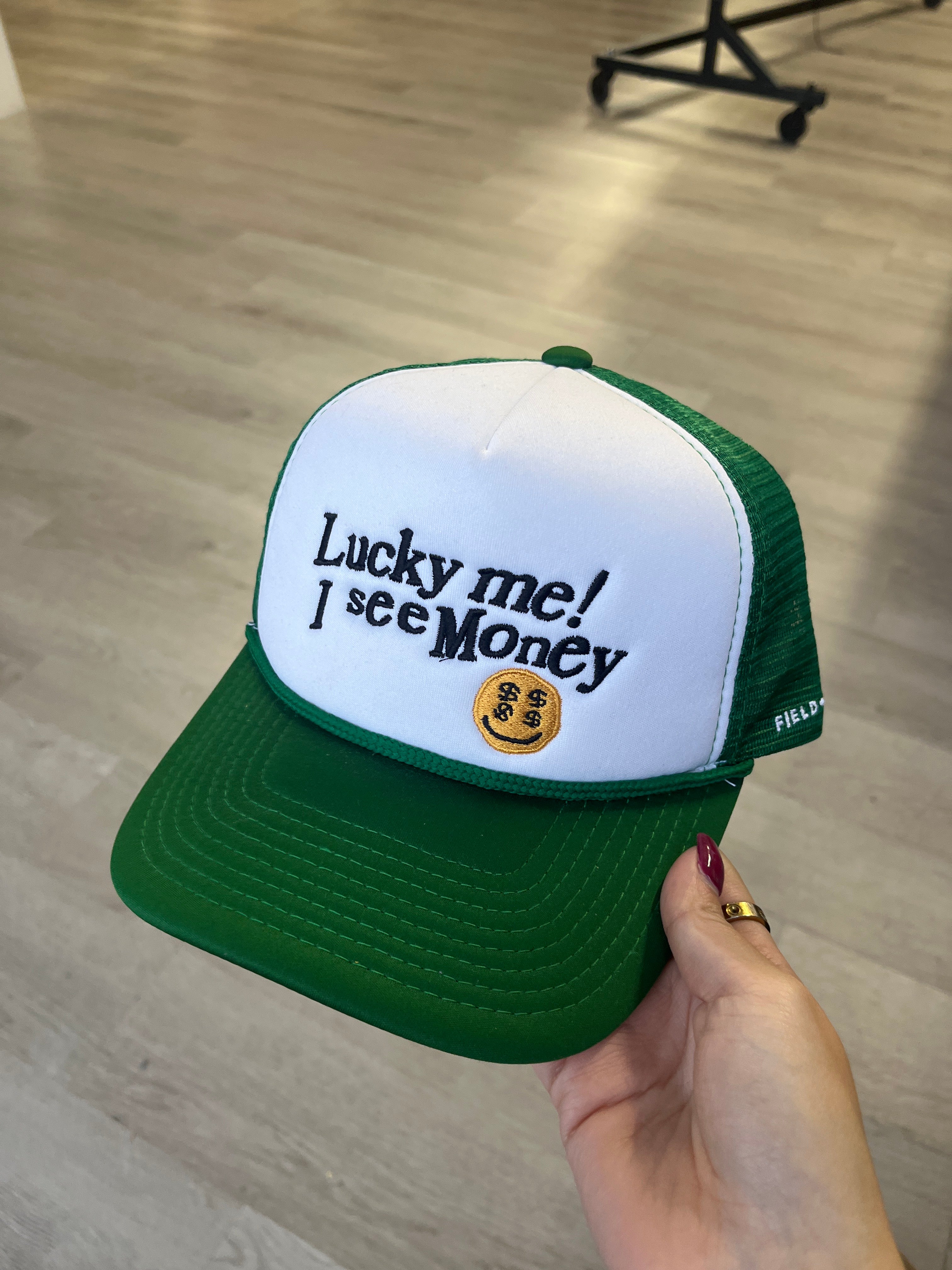Field Grade Lucky Me I See Money Green Trucker Hat
