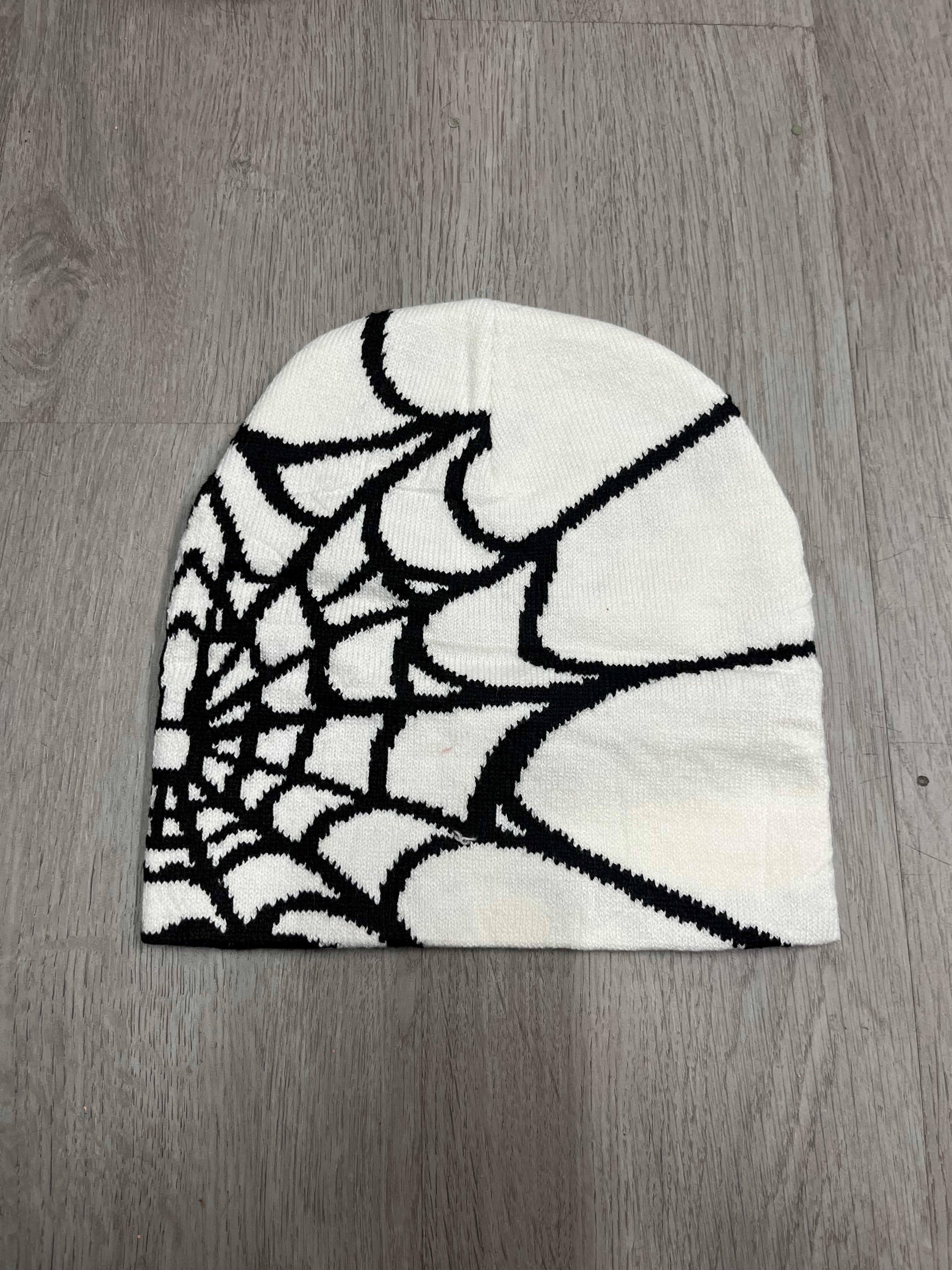White w/ Black Y2K Style Spider Web Beanie