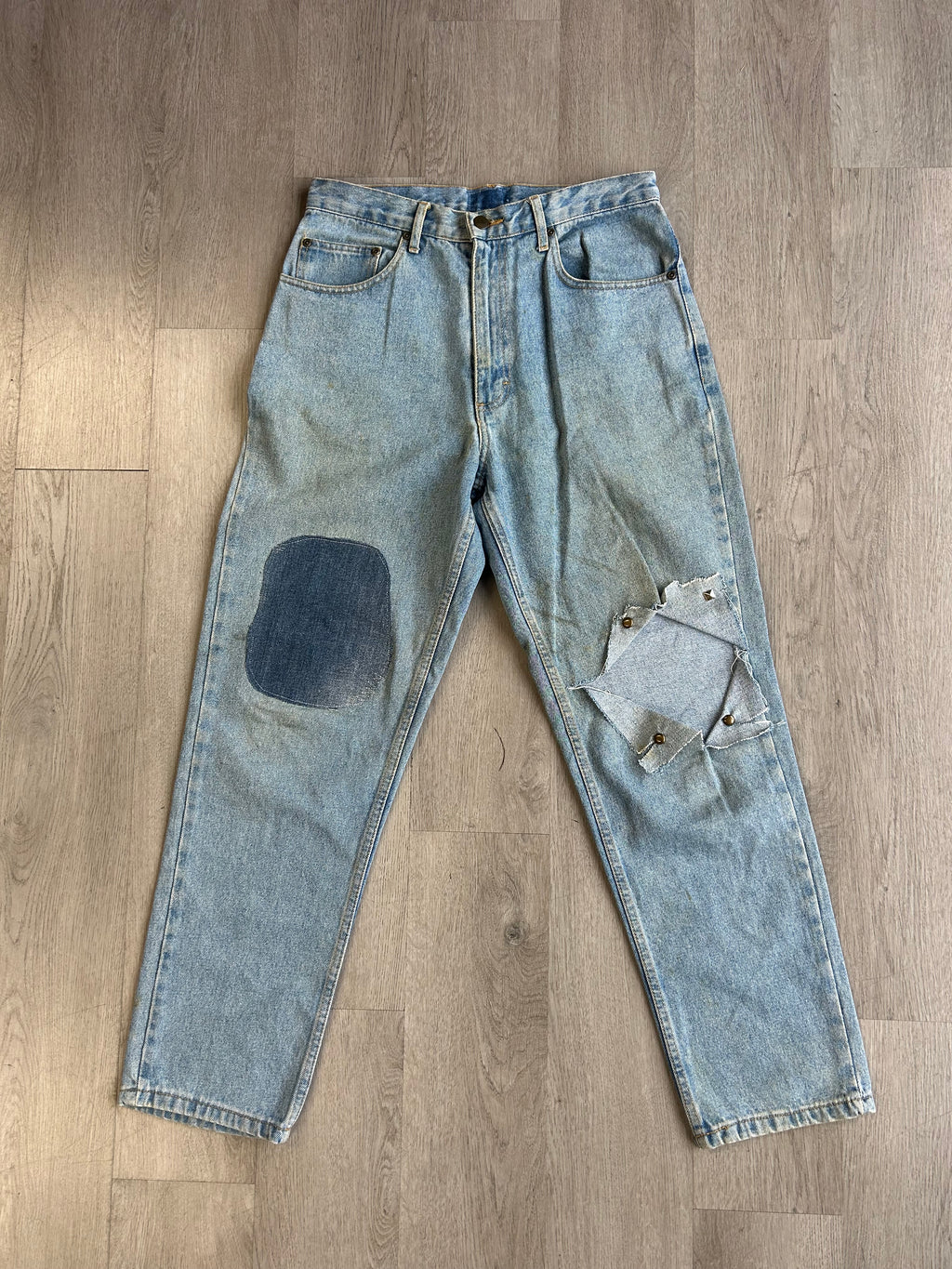 Vintage Light Wash Distressed & Patched Denim Jeans
