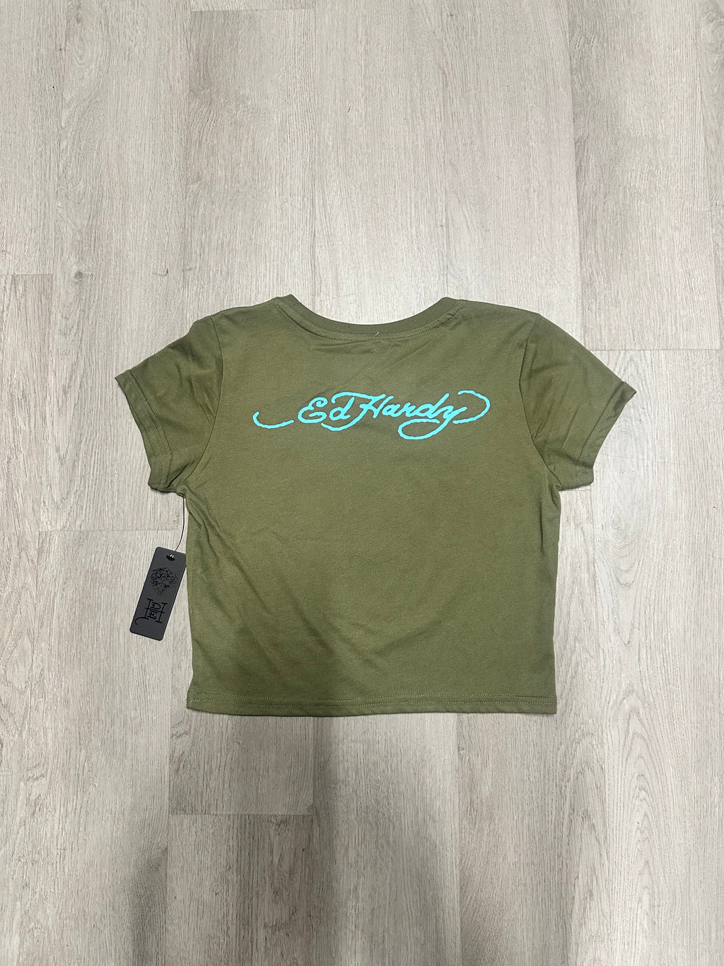 Women’s Ed Hardy Green Eagle Brave Hearts Stay True Rhinestone Cropped Baby Tee