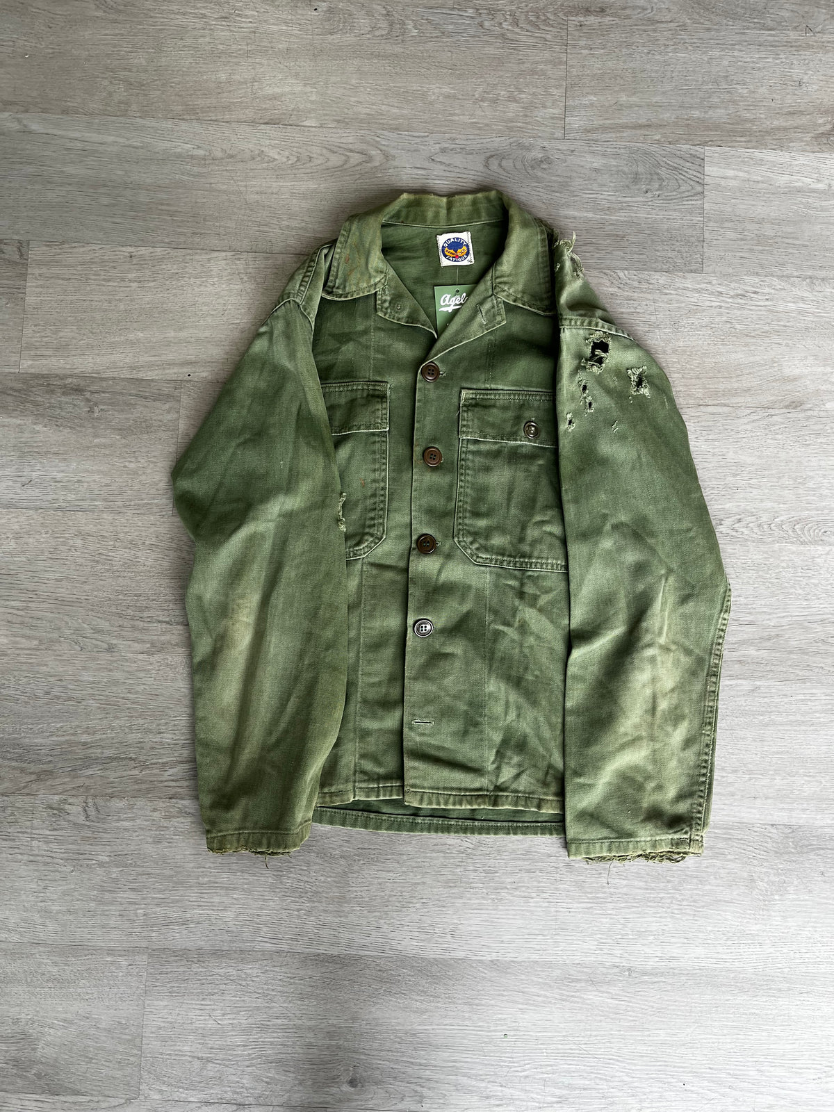 Vintage Distressed Olive Green US Army OG-107 Utility Long Sleeve Tee