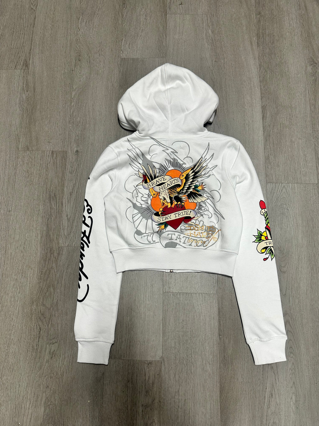 Women’s Ed Hardy White Brave Eagle Cropped Zip Up Hoodie Jacket