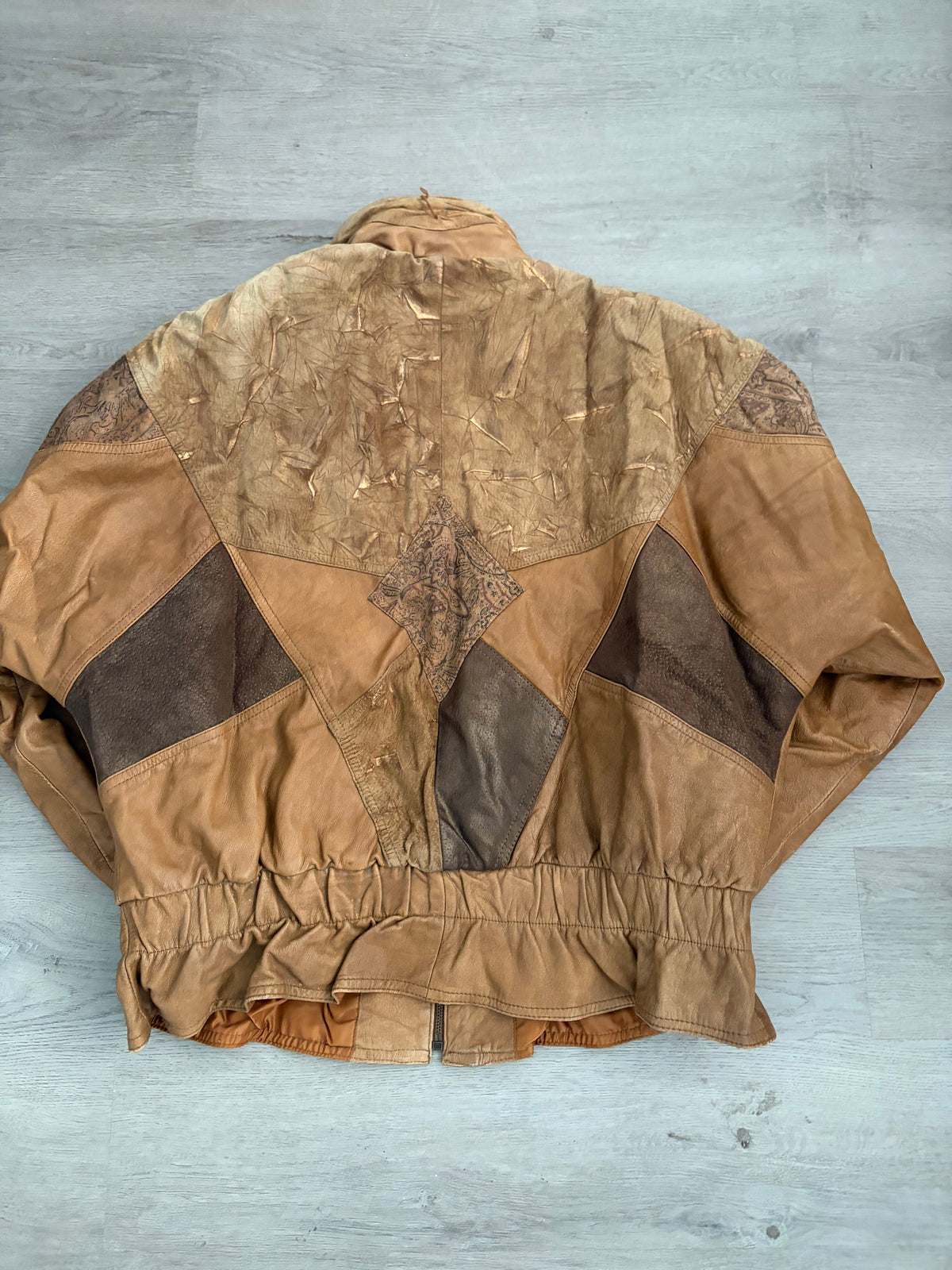 Vintage Patchwork Brown Leather Bomber Jacket Paisley