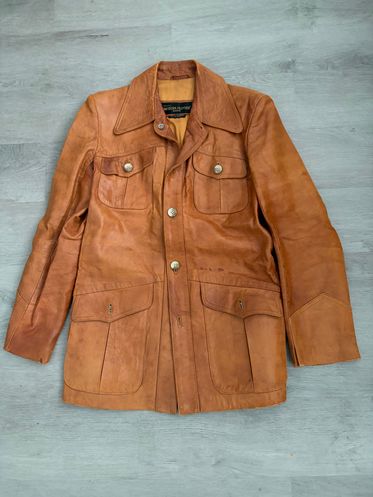 Vintage Jacques Olivier Paris Brown Leather Safari Jacket