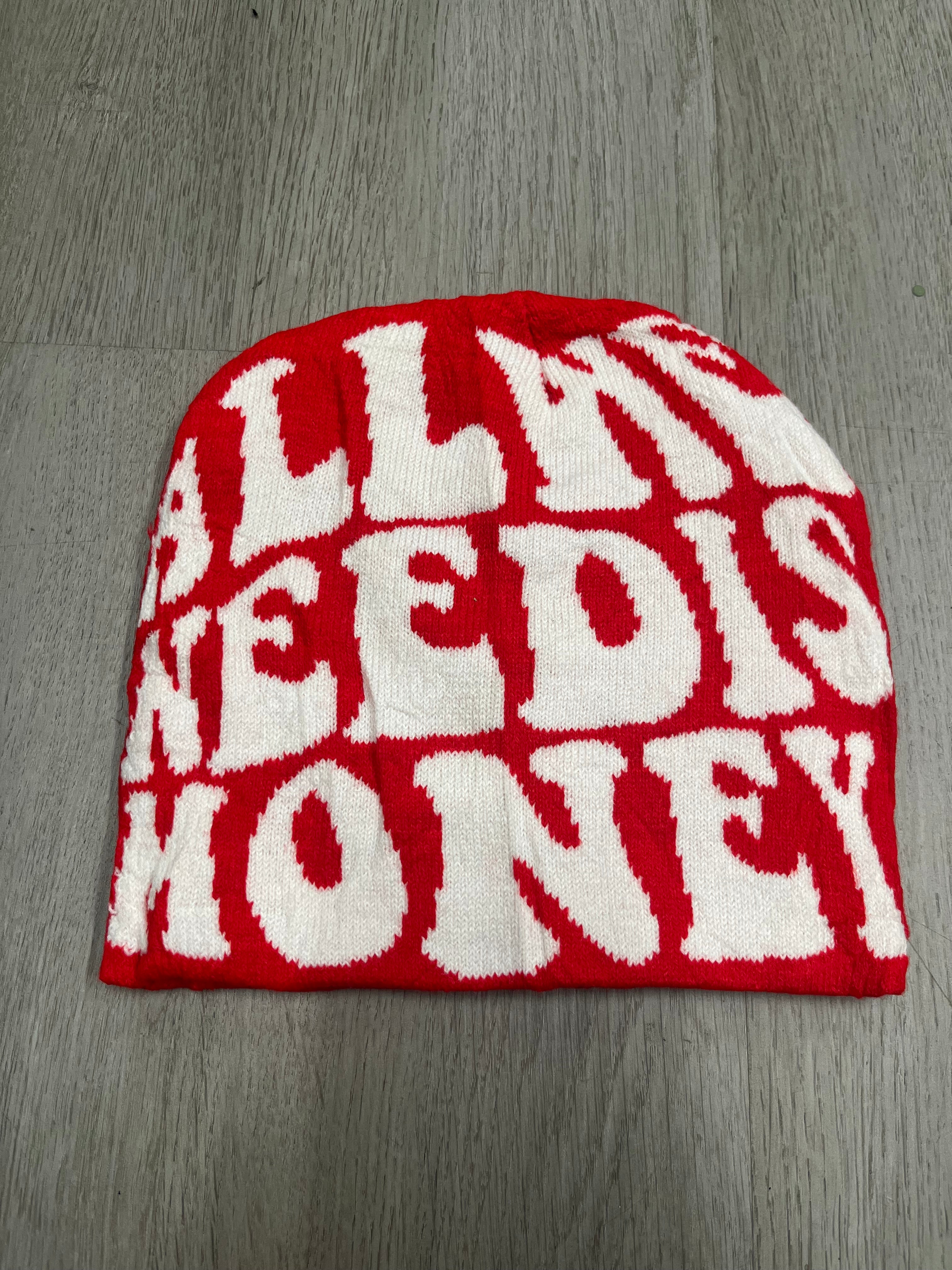 Red w/ White All We Need Is Money Y2K Style Beanie