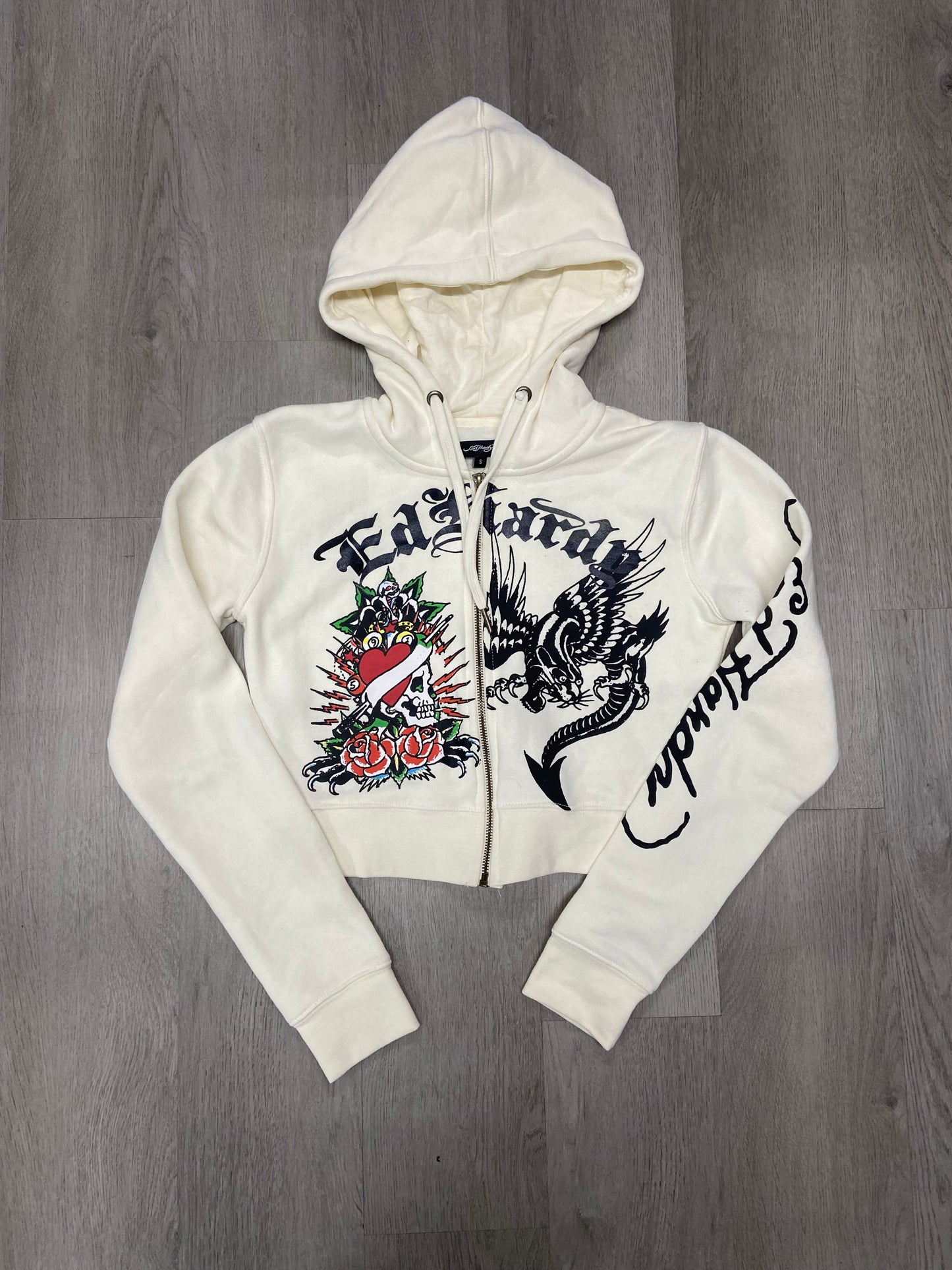 Women’s Ed Hardy Tiger Skull White Cream Cropped Zip Up Hoodie