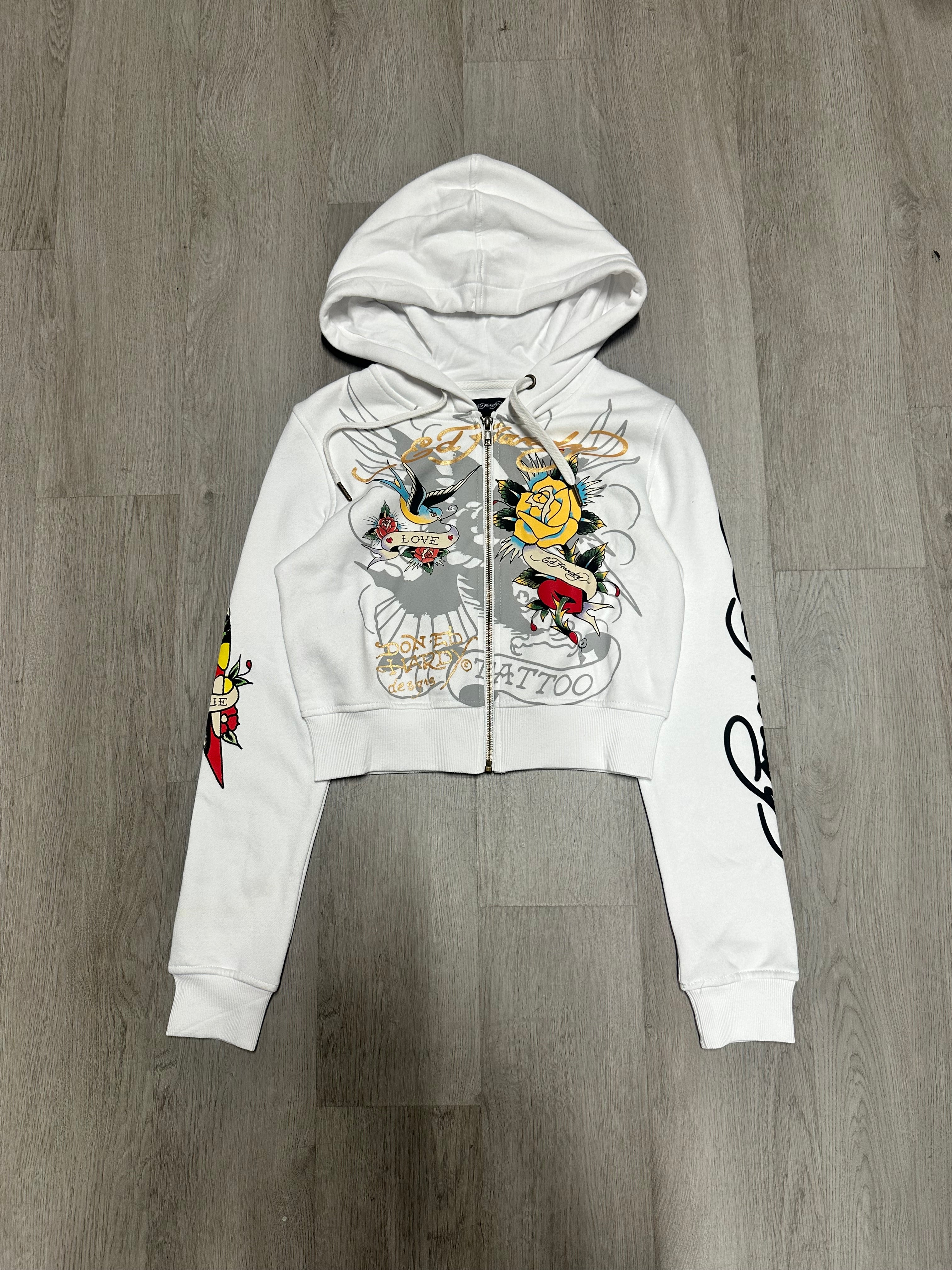 Women’s Ed Hardy White Brave Eagle Cropped Zip Up Hoodie Jacket