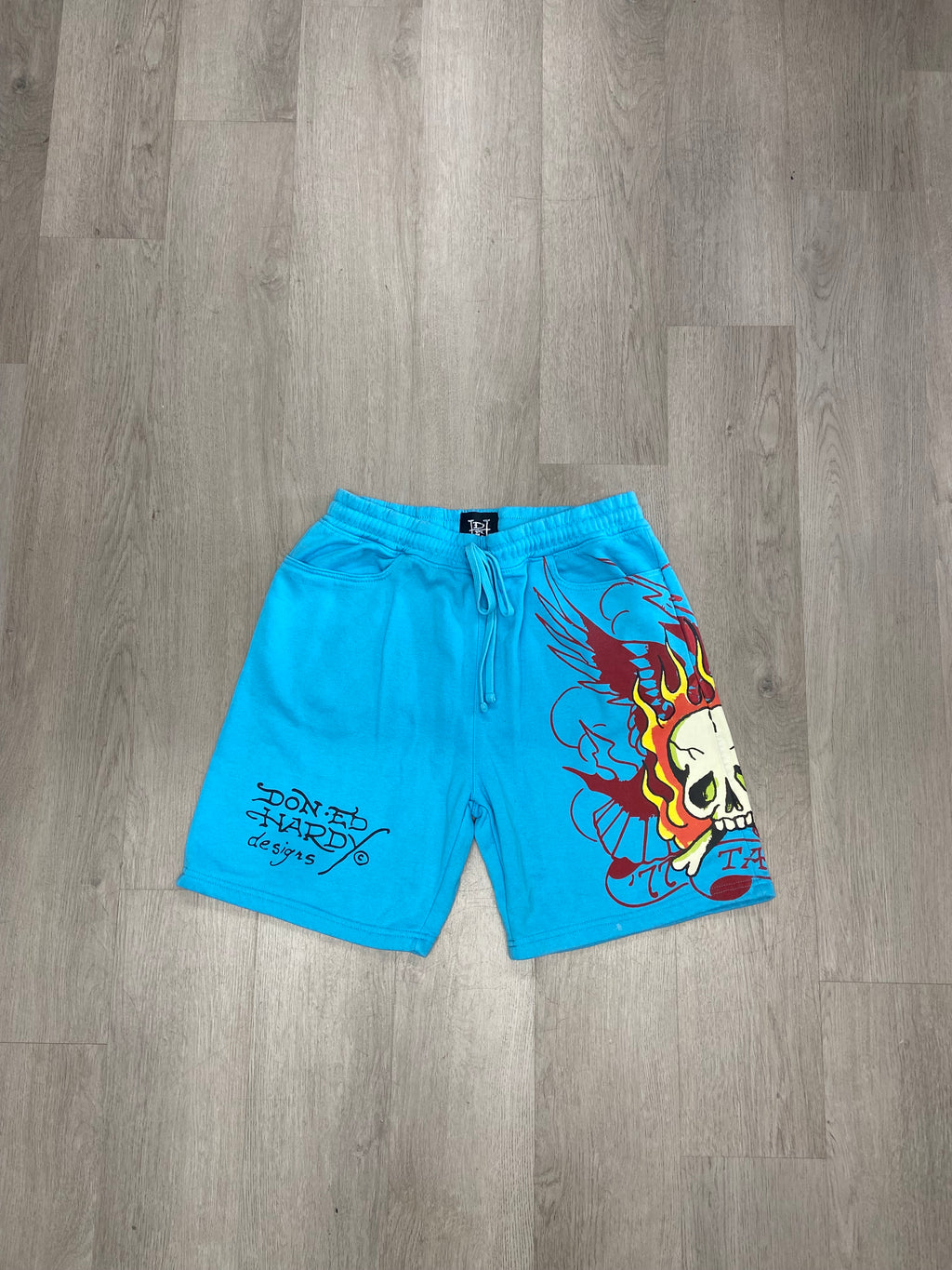 Blue Ed Hardy Flaming Skull Screaming Fleece Sweat Shorts