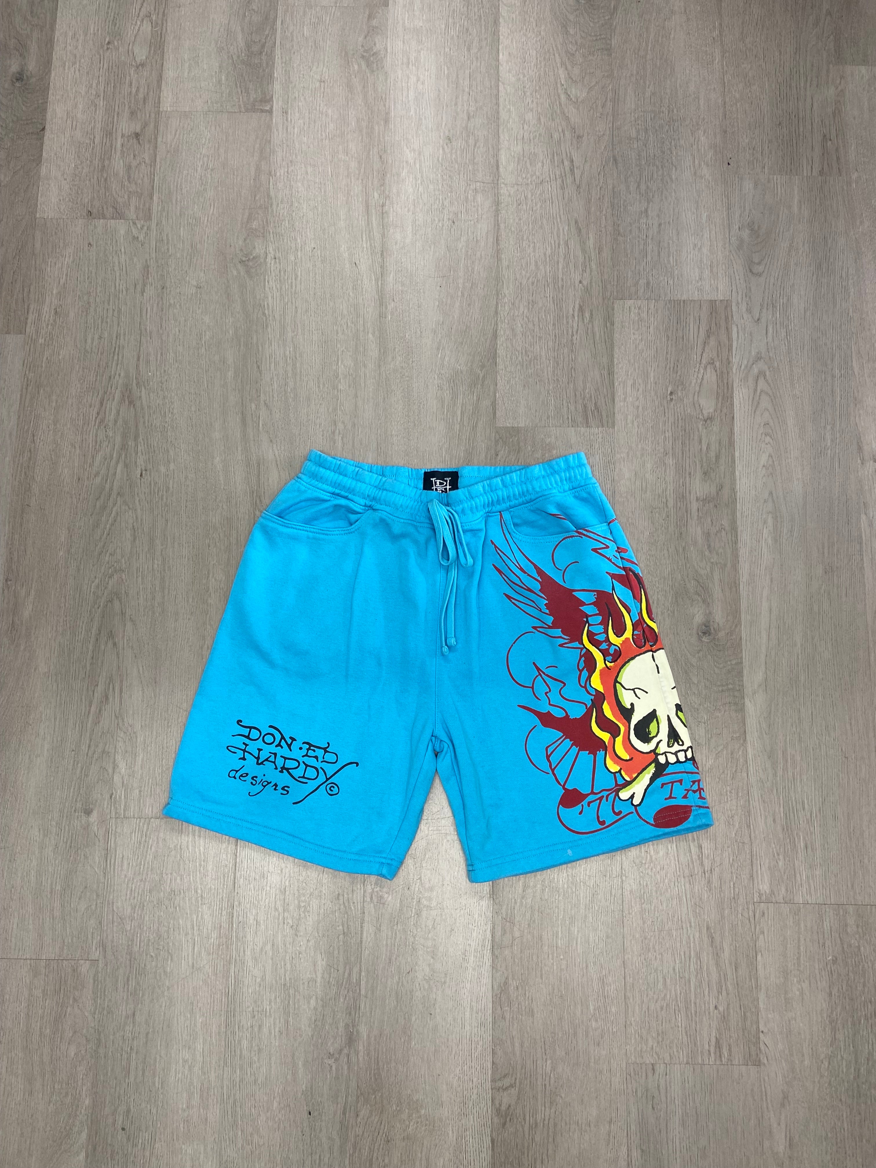 Blue Ed Hardy Flaming Skull Screaming Fleece Sweat Shorts