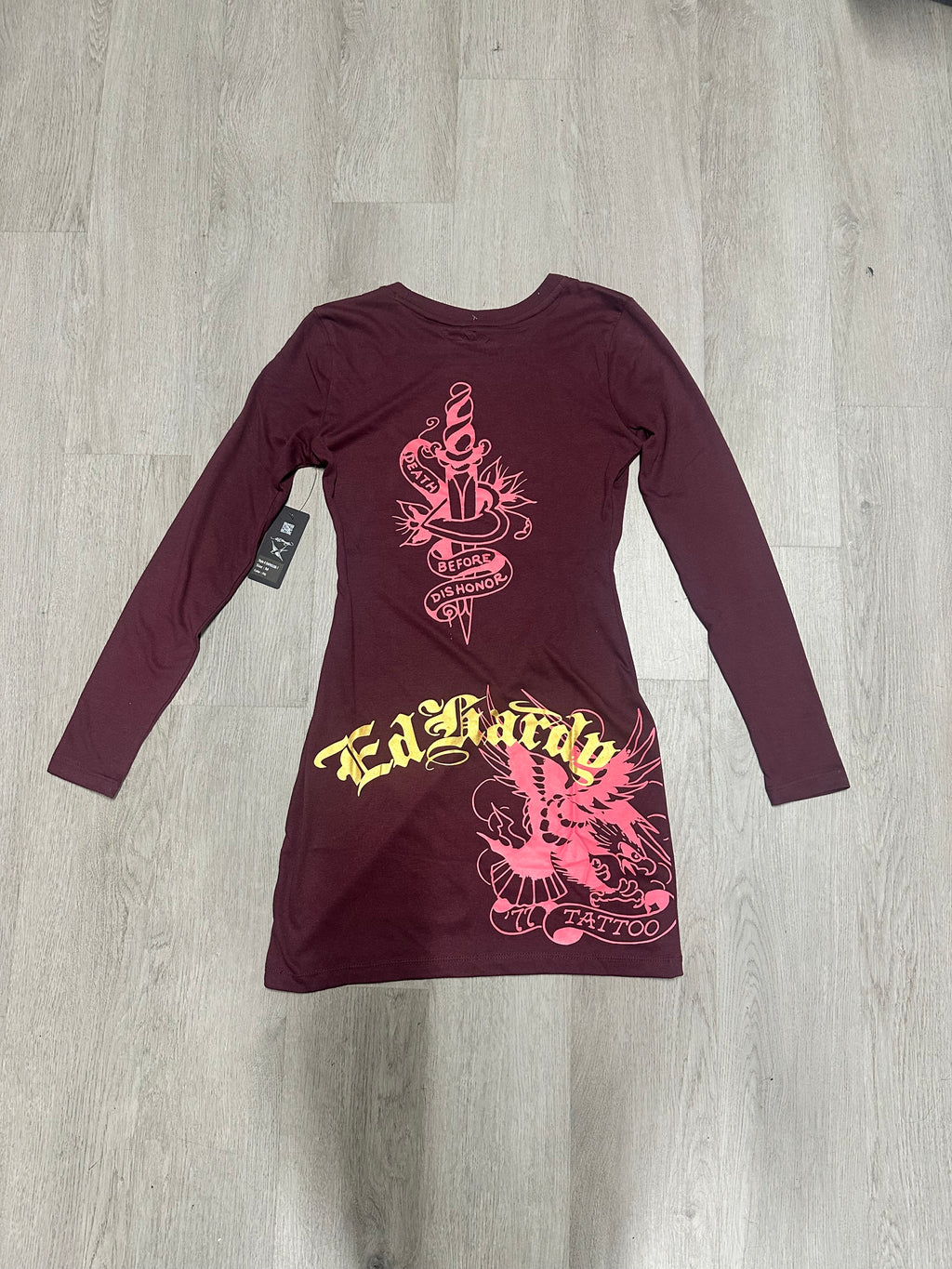 Women’s Ed Hardy Burgundy Panther Rose Long Sleeve Mini Dress