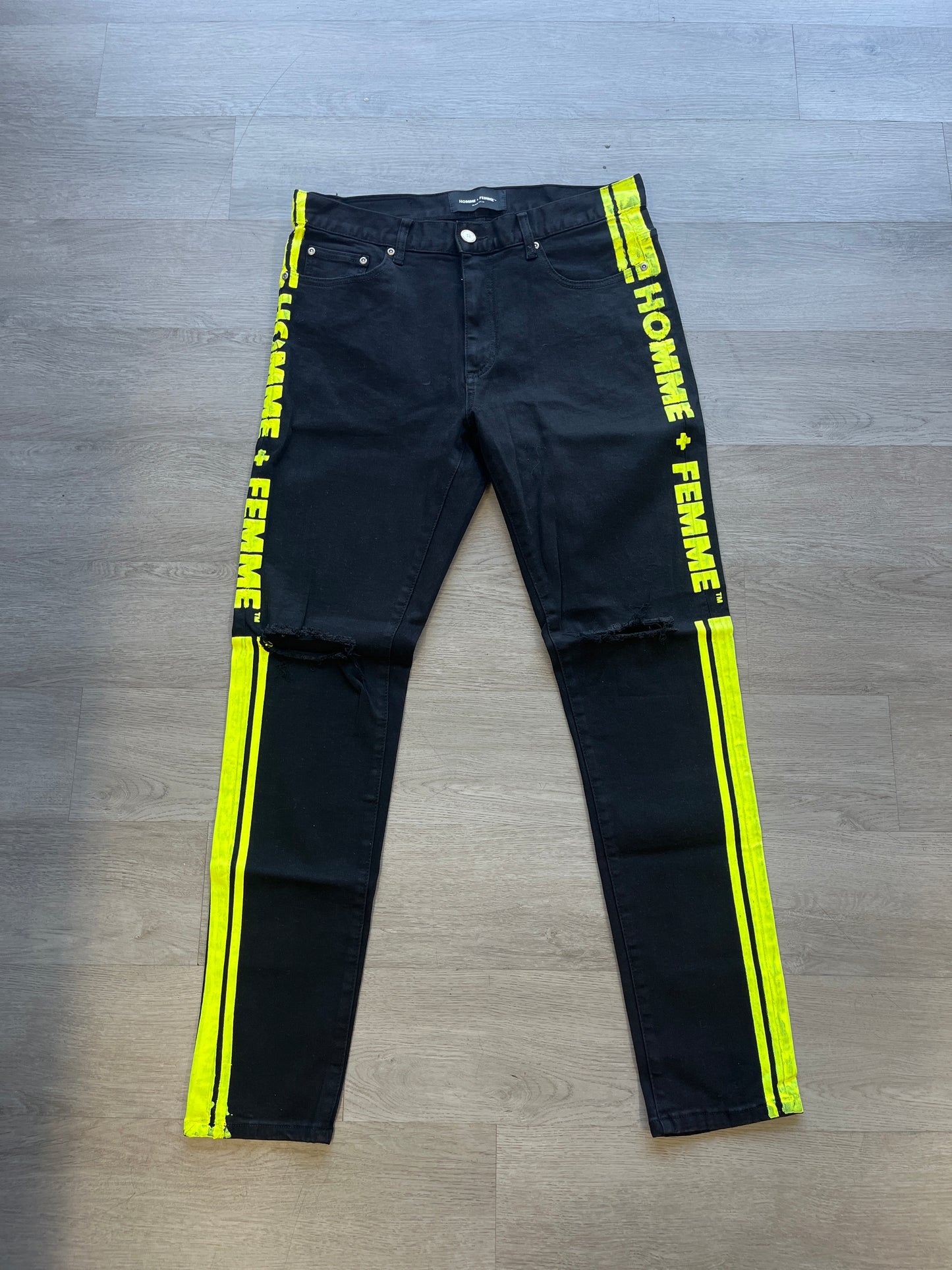 Homme + Femme Black Distressed Jeans Yellow Stripe