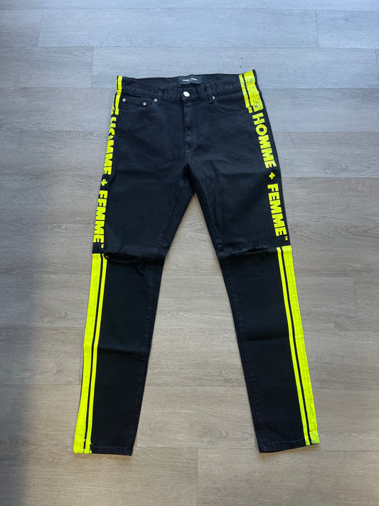 Homme + Femme Black Distressed Jeans Yellow Stripe