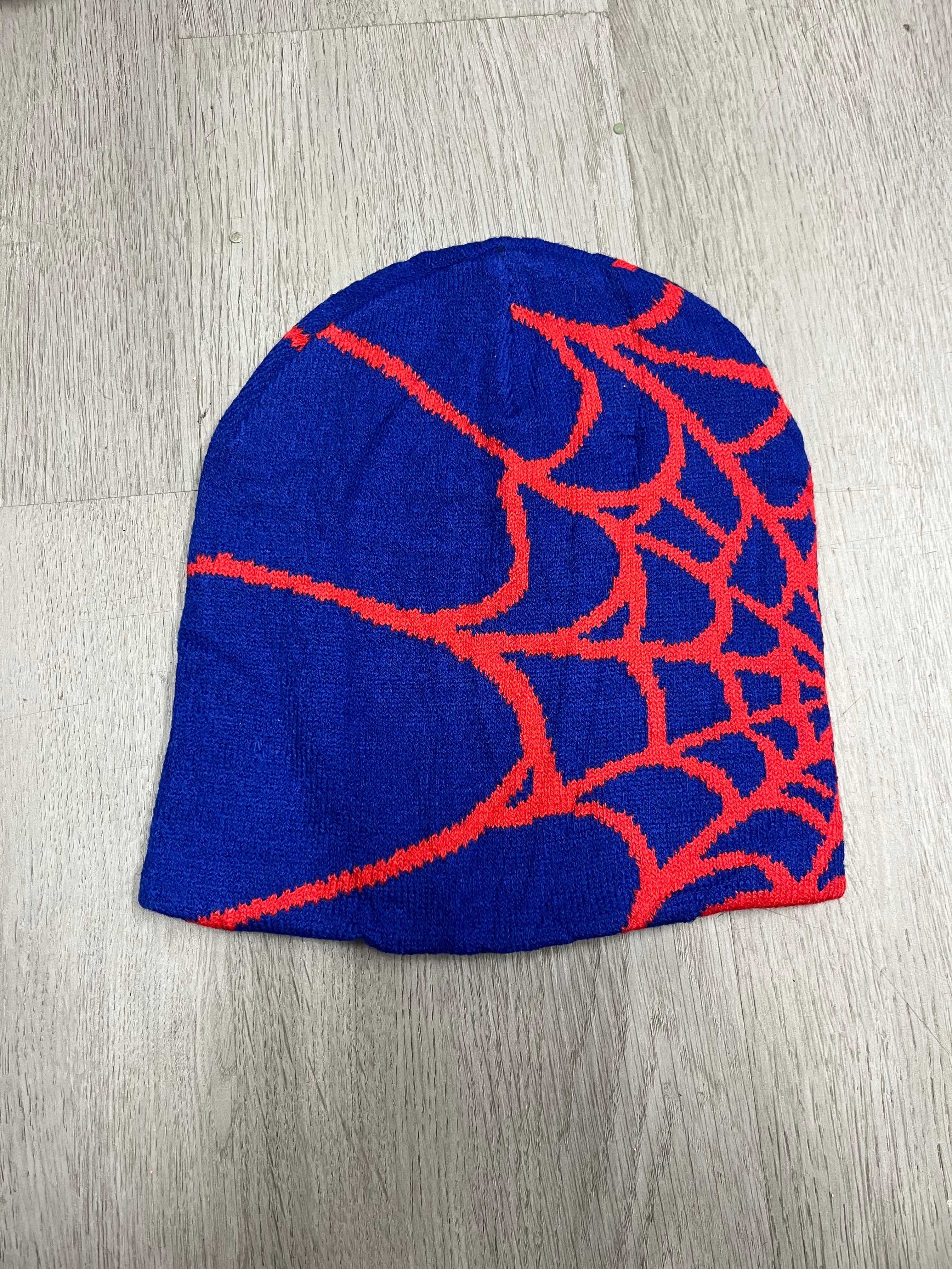 Blue w/ Red Y2K Style Spider Web Beanie
