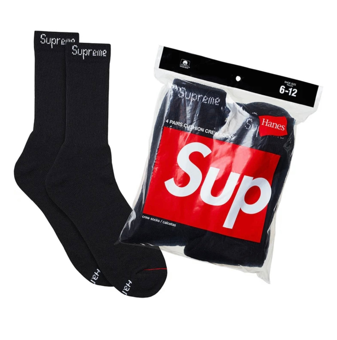 Black Supreme Hanes Crew Socks (4 Pack)