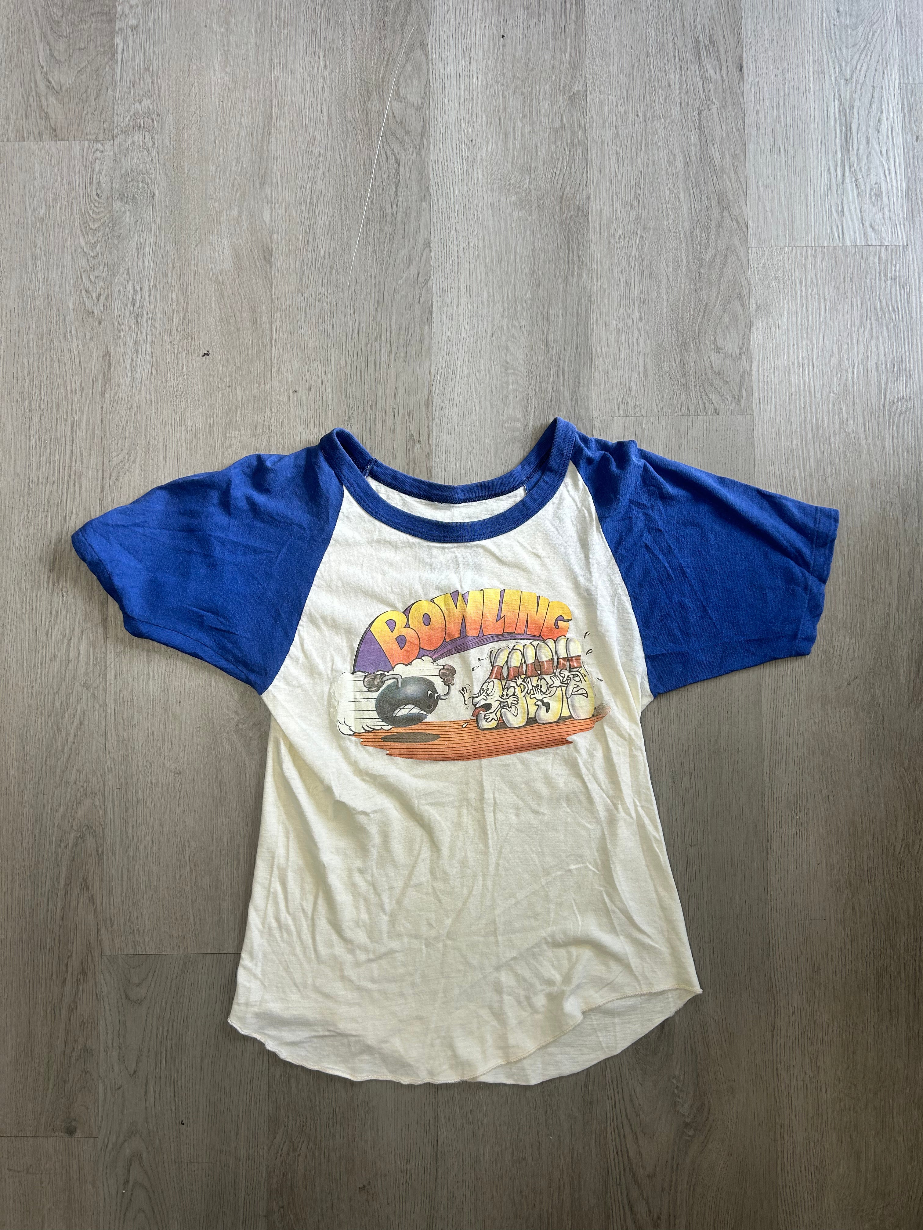 Vintage Blue And white Bowling Baseball Tee