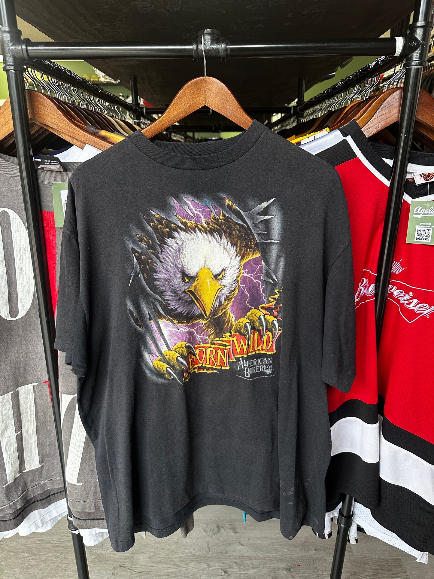Vintage 3D Emblem Born Wild Eagle Lightning T Shirt Harley Thunder Tee