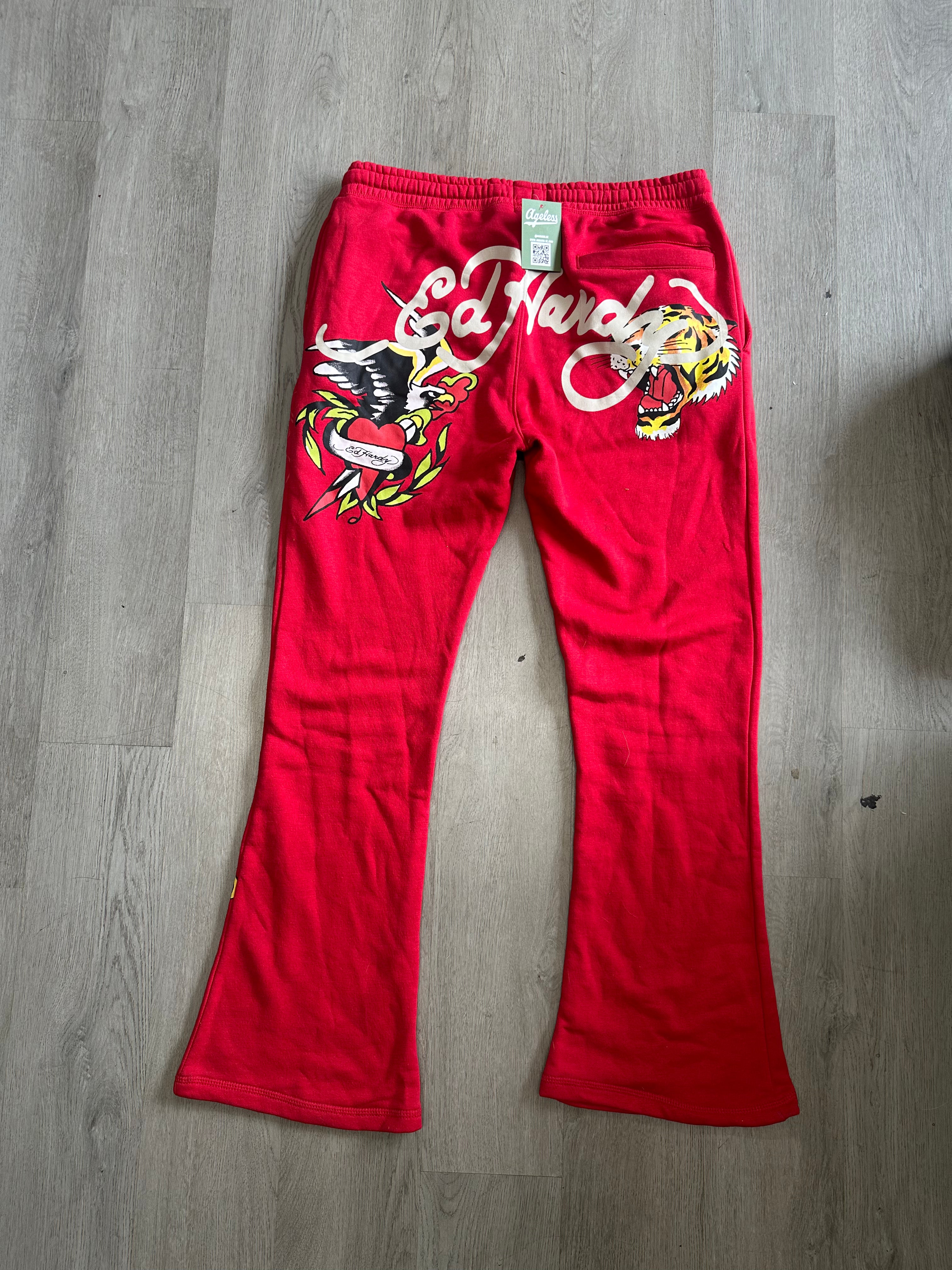 Ed Hardy Red Fleece Tiger Snake Tattoo Bootcut Sweatpants