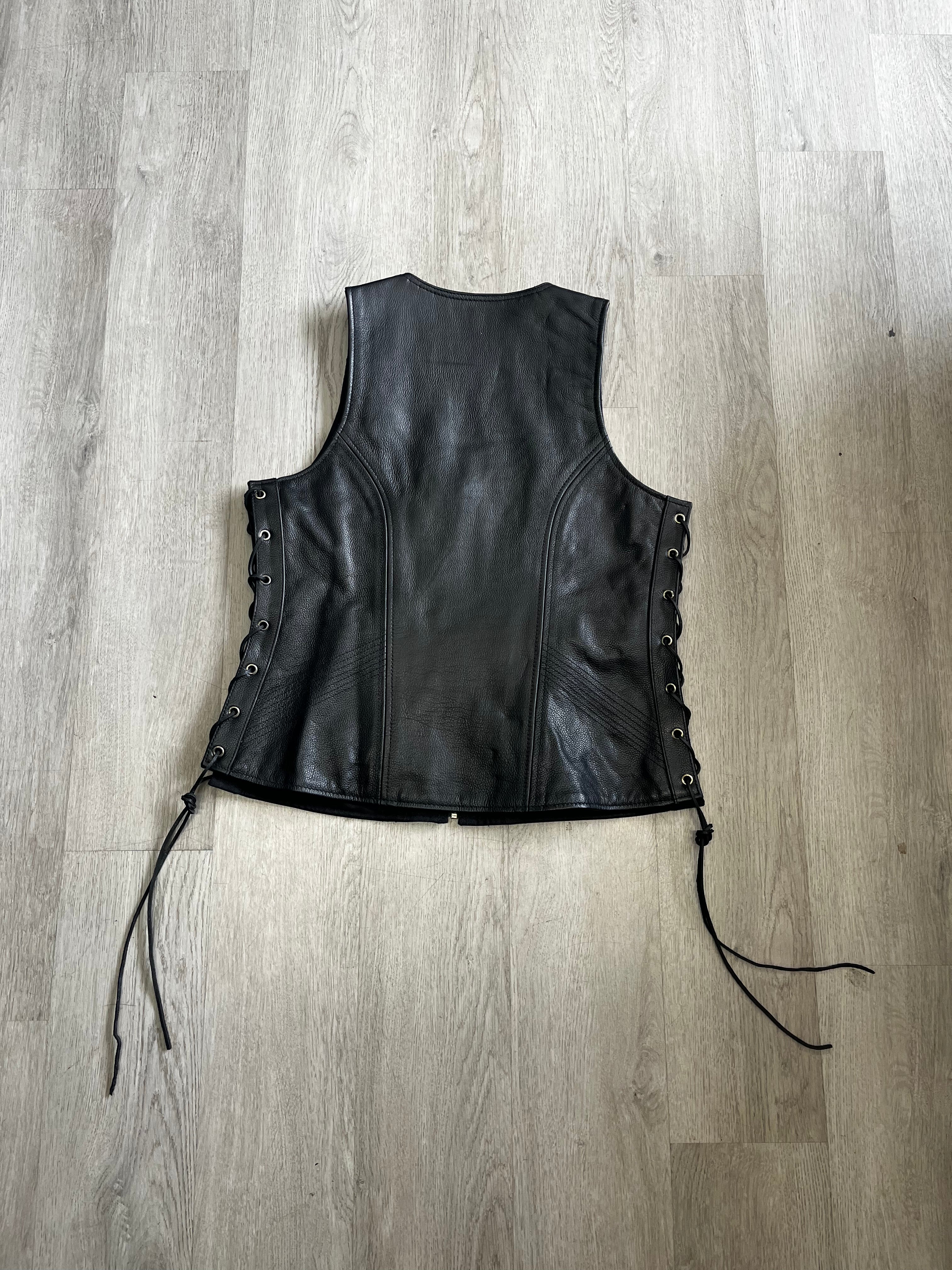 Hot Leathers Women's Black Leather Side-Lace Zip-Up Motorcycle Vest