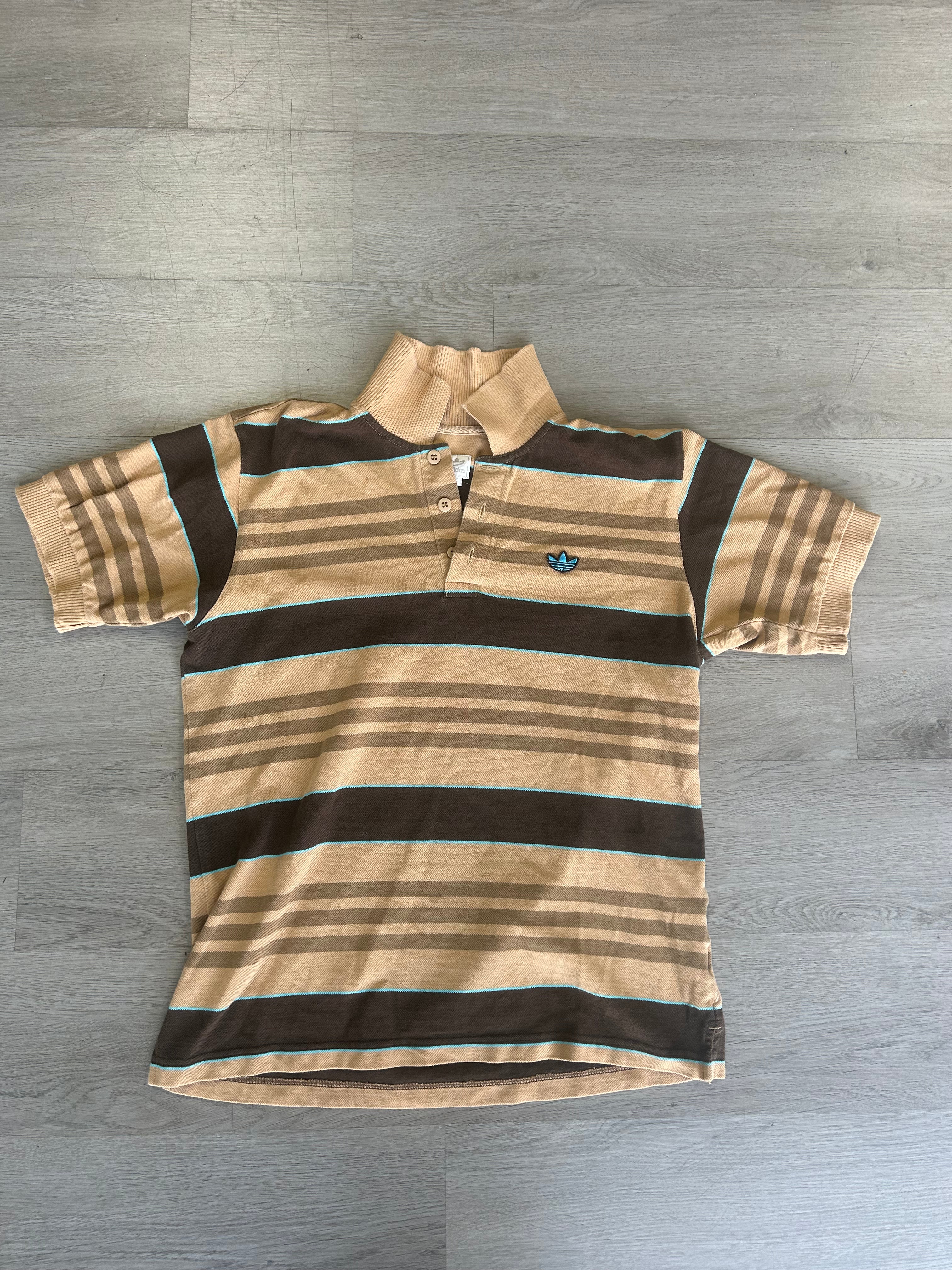 Vintage Adidas Brown and Tan Striped Collared Tee