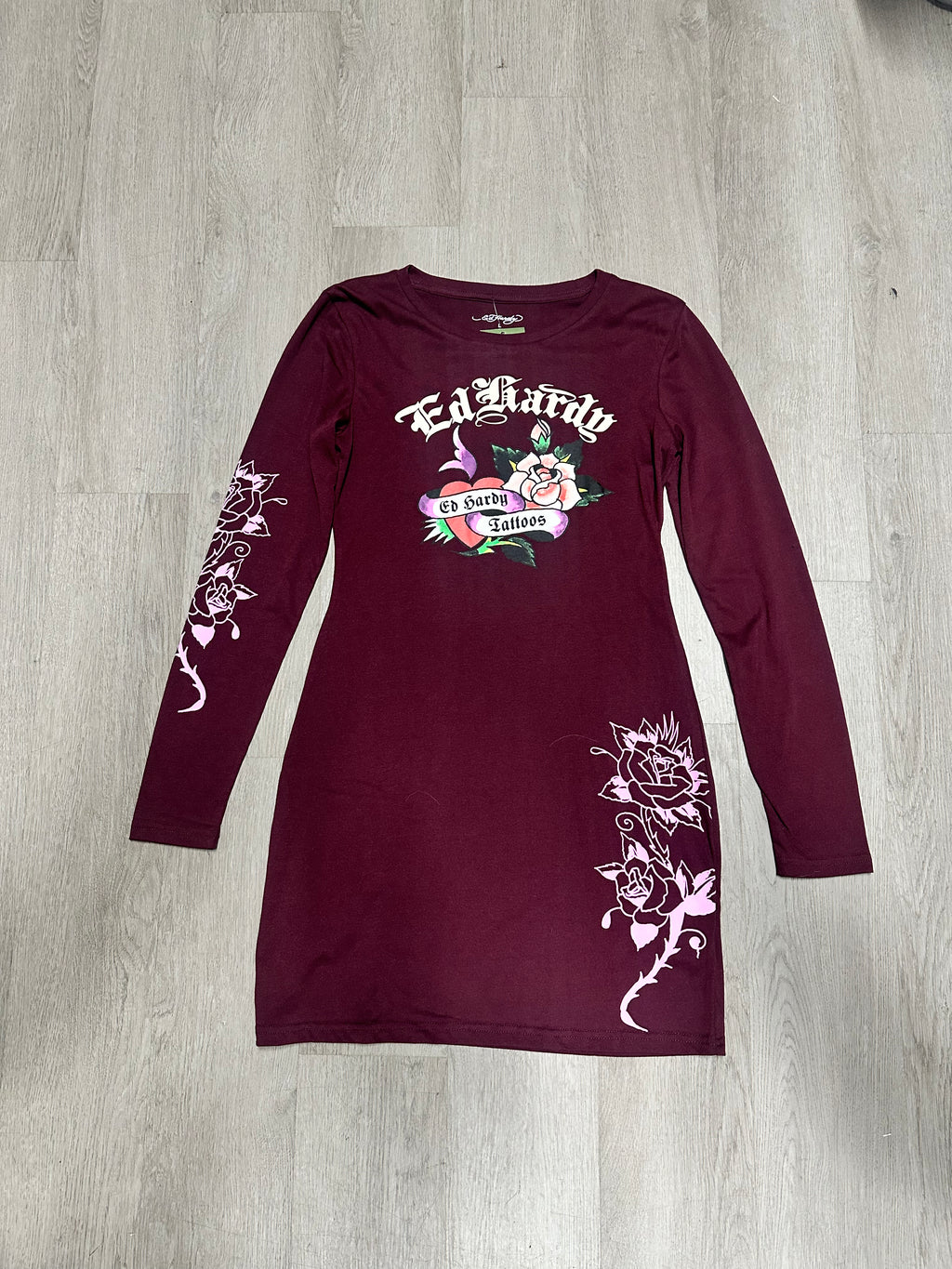 Women’s Ed Hardy Wine Heart & Rose Tattoos Long Sleeve Mini Dress