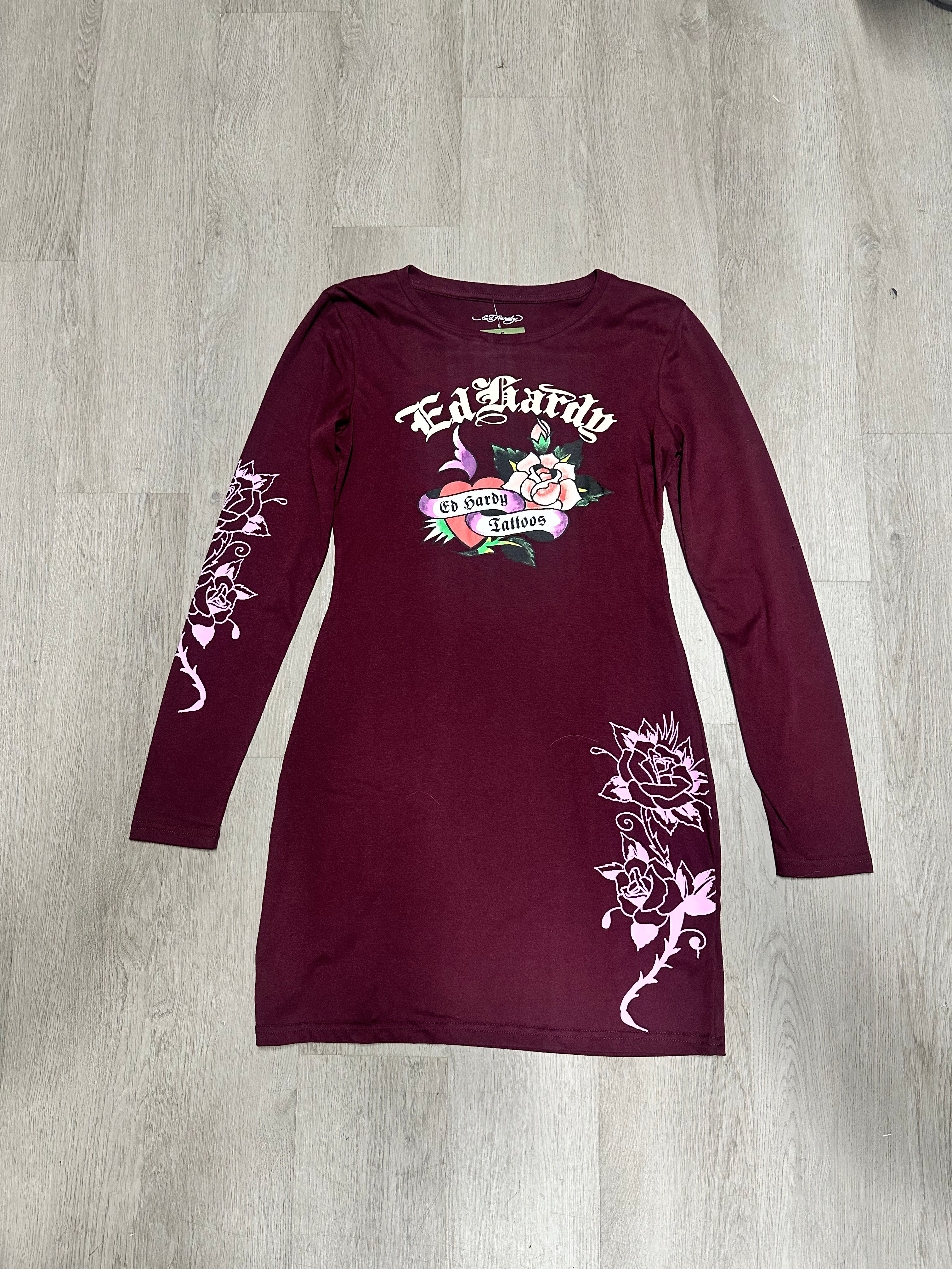 Women’s Ed Hardy Wine Heart & Rose Tattoos Long Sleeve Mini Dress
