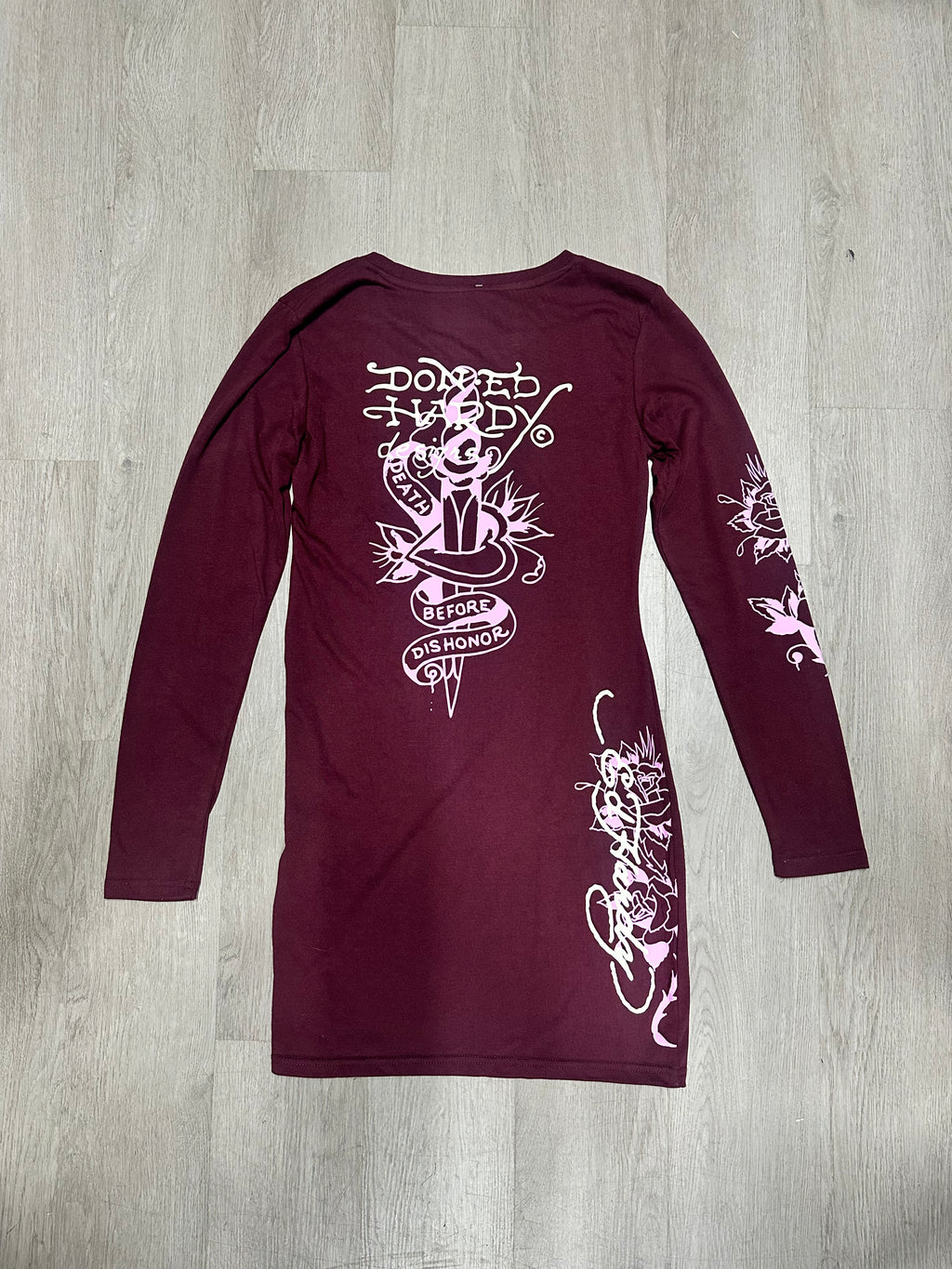 Women’s Ed Hardy Wine Heart & Rose Tattoos Long Sleeve Mini Dress