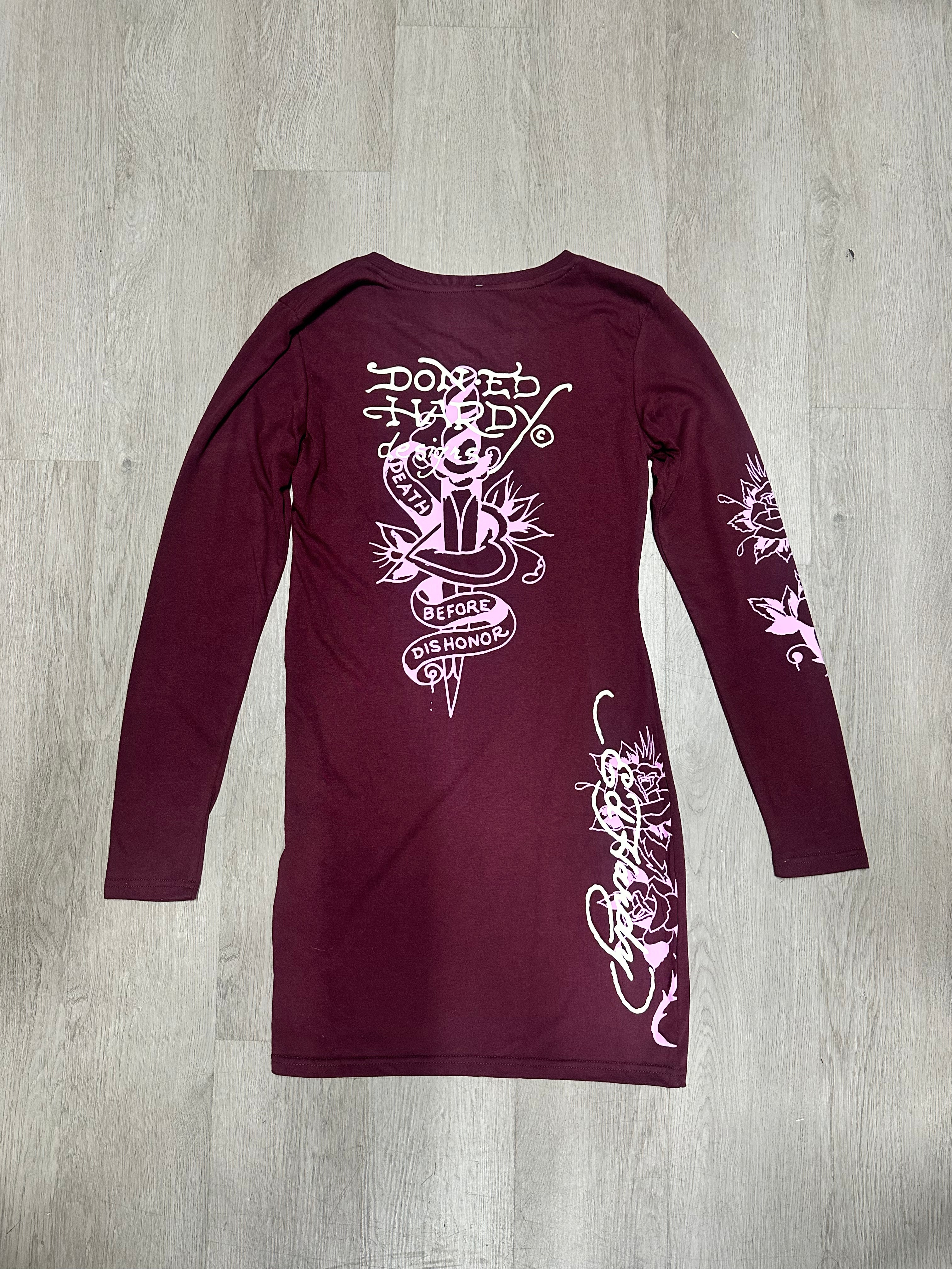 Women’s Ed Hardy Wine Heart & Rose Tattoos Long Sleeve Mini Dress