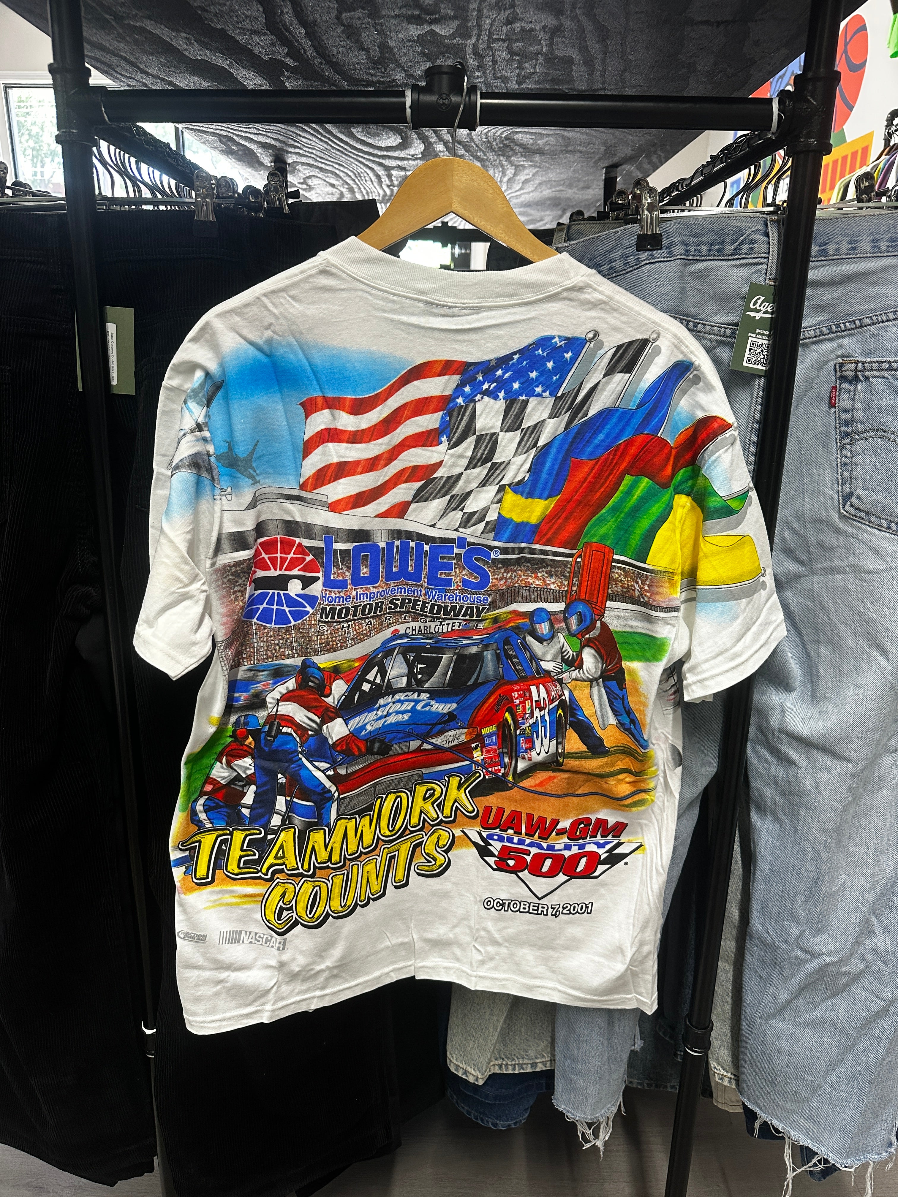 Vintage Charlotte Motor Speedway Lowe’s Teamwork Counts All Over Print Nascar Tee