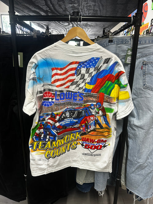 (AO) Vintage Charlotte Motor Speedway Lowe’s Teamwork Counts All Over Print Nascar Tee