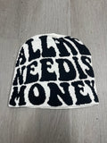 White w/ Black All We Need Is Money Y2K Style Beanie