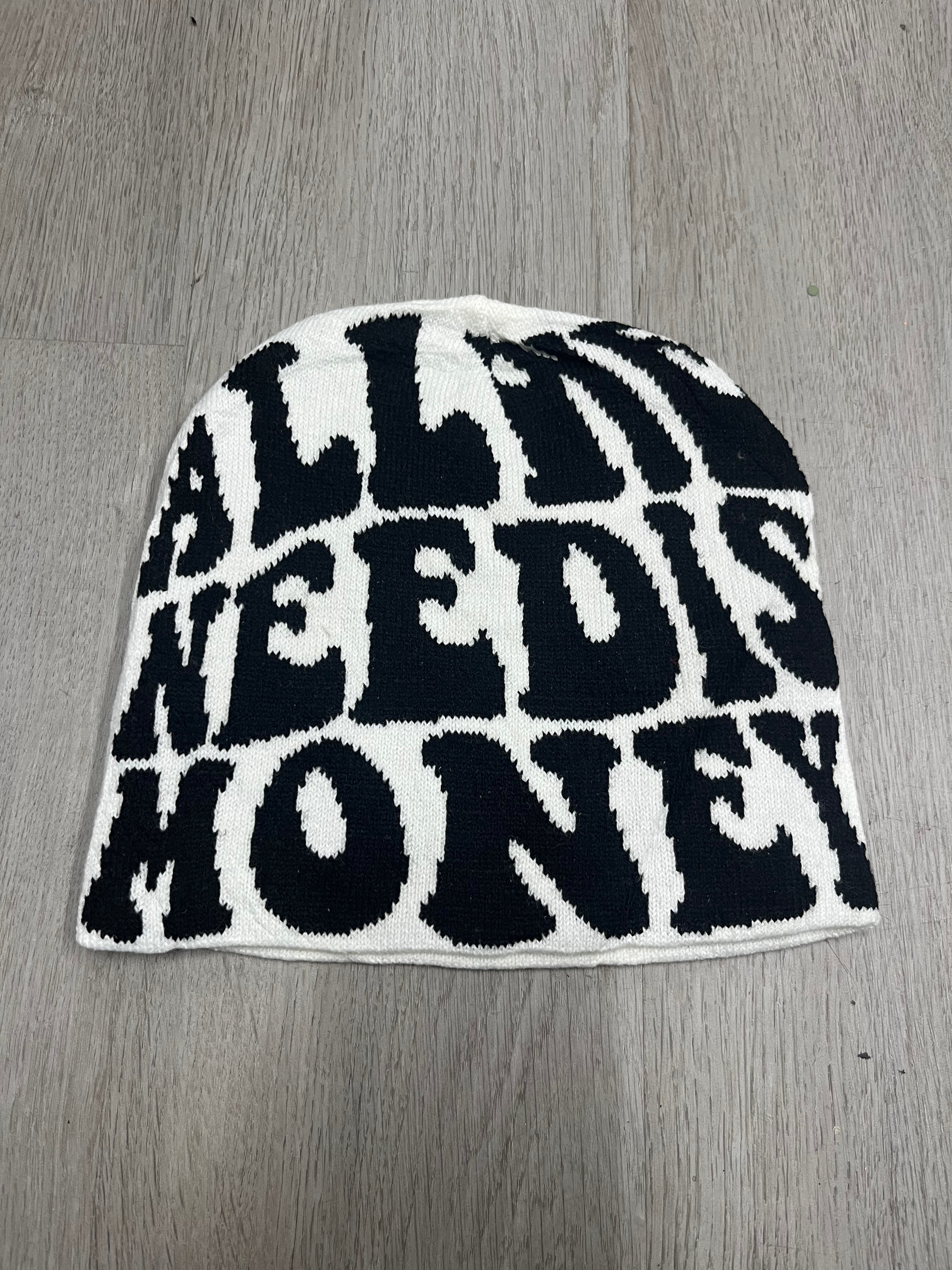 White w/ Black All We Need Is Money Y2K Style Beanie
